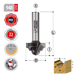 Фреза филеночная врезная Z2 S=8 D=20,6x12,7 R=3,2 R1=4,8 L=44,5 RH