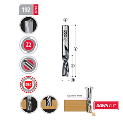 Фреза спиральная нижний рез DOWN CUT Z2 S=6 D=6x22x50 RH с покрытием
