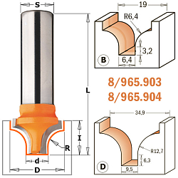 Фреза радиусная гравировальная "гусёк" (B) HW Z2 S=12 D=19/6,4x13x51 R=6,35 RH